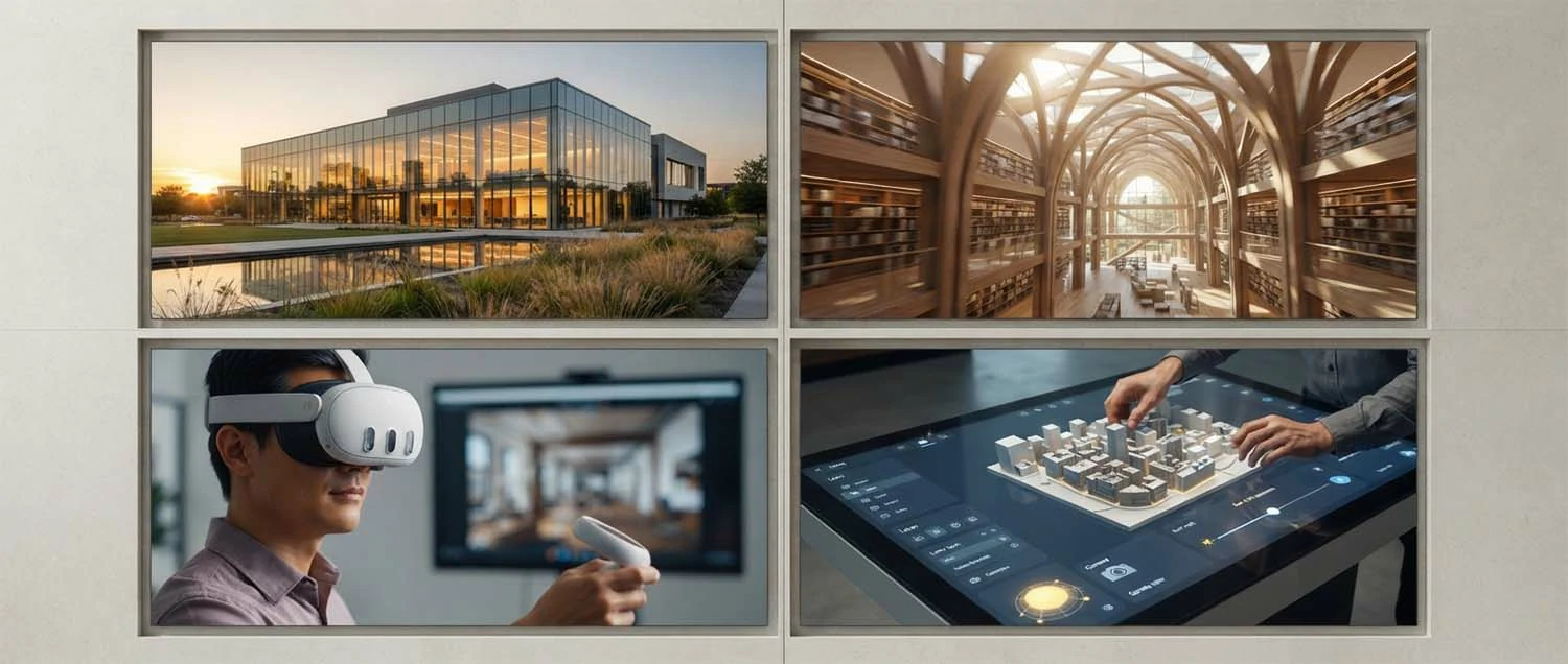 Service overview with four panels showing photorealistic still rendering