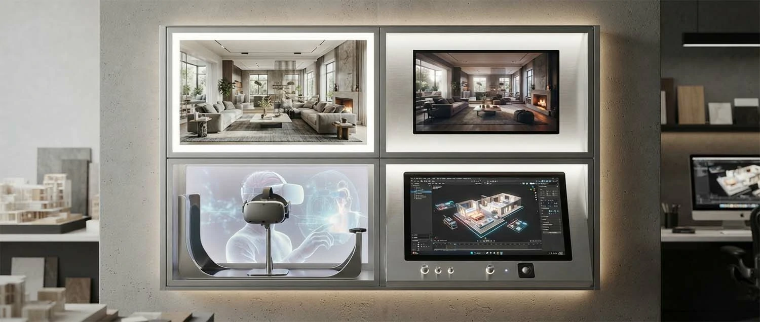 Service showcase with four panels showing photorealistic still rendering