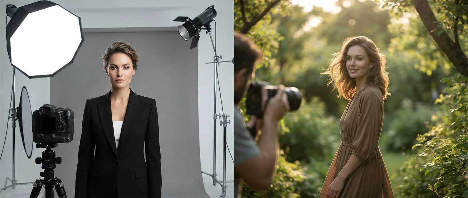 Side by side comparison of a studio photo shoot with controlled