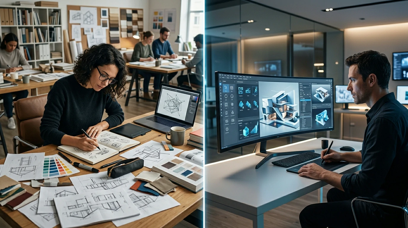 Side-by-side comparison of traditional design workflow vs AI-accelerated workflow