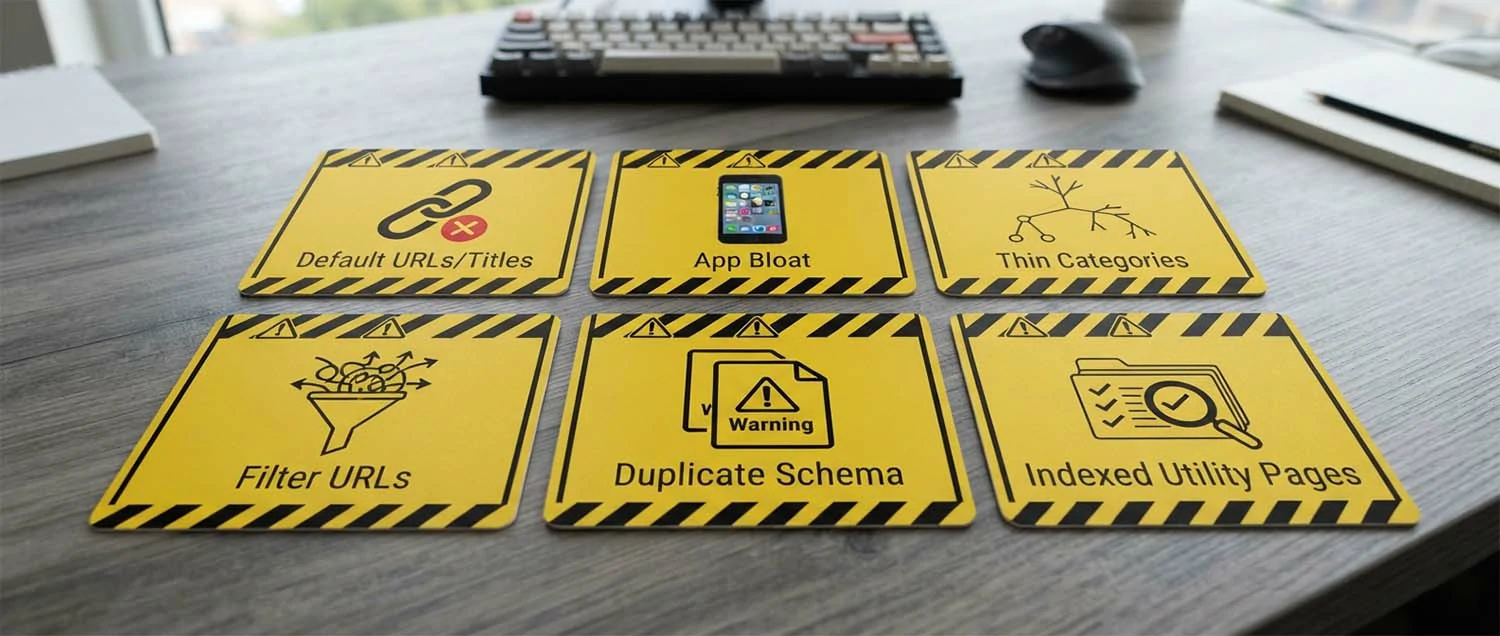Six caution cards covering default URLs