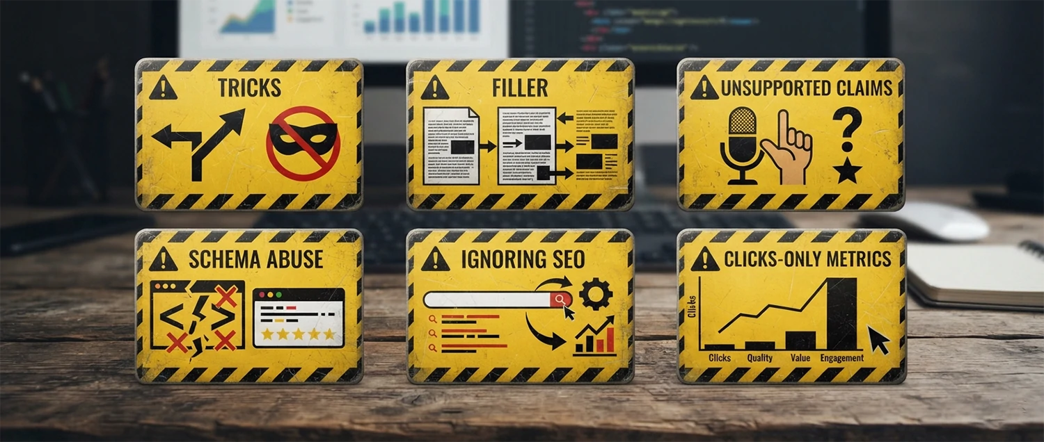 Six caution cards covering tricks, filler, unsupported claims