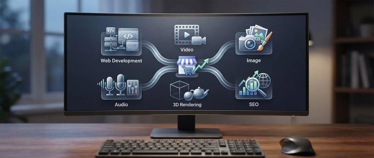 Six service icons—web development, video, image, audio, 3D rendering, and SEO