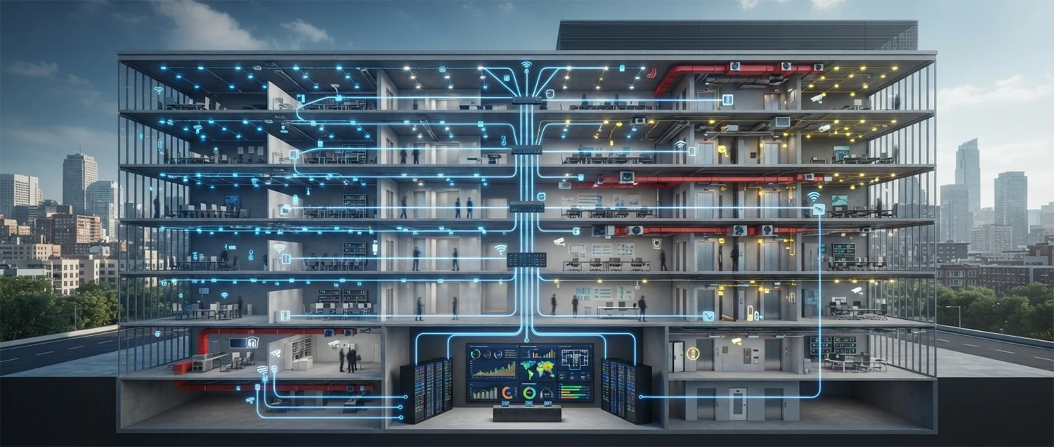 Smart building diagram showing IoT sensor network and building automation systems