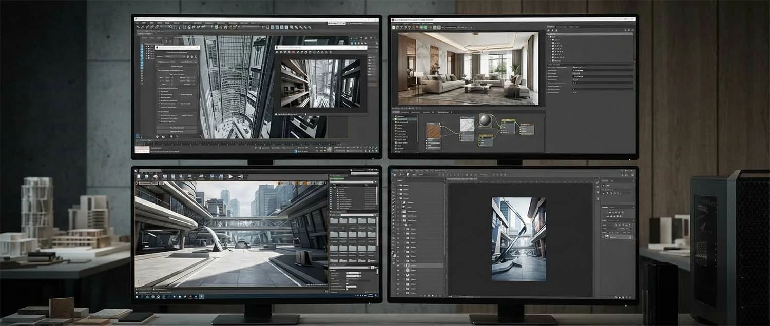 Software interface screenshots showing 3ds Max with V-Ray