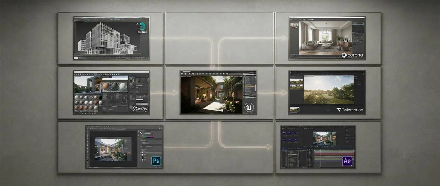 Software logos and interface screenshots showing 3ds Max