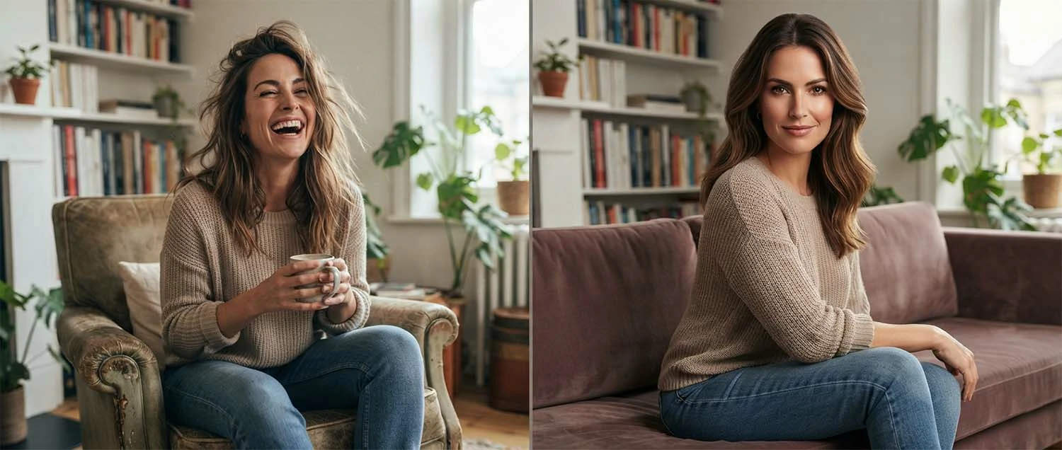 Split comparison of a candid unposed moment versus a posed portrait showing the different qualities