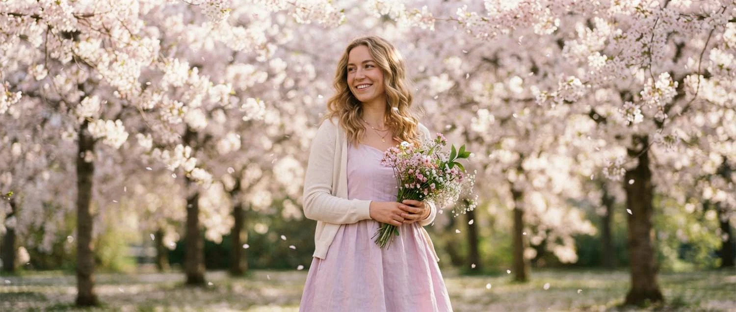 Spring photo shoot with blooming cherry blossoms showing a subject dressed in soft pastels