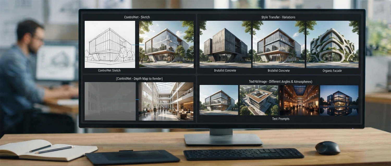 Stable Diffusion architectural outputs showing different control methods and style variations