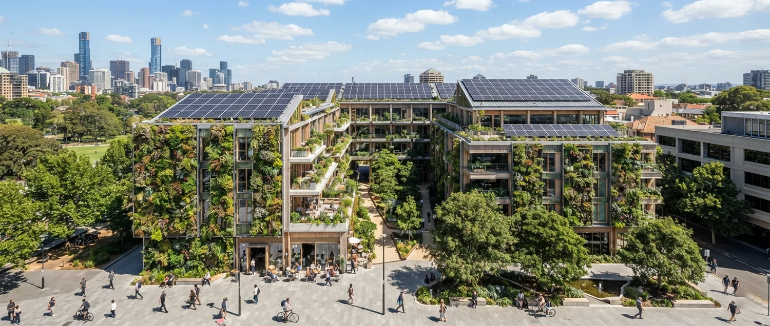 Sustainable building design showing green features like solar panels and living walls