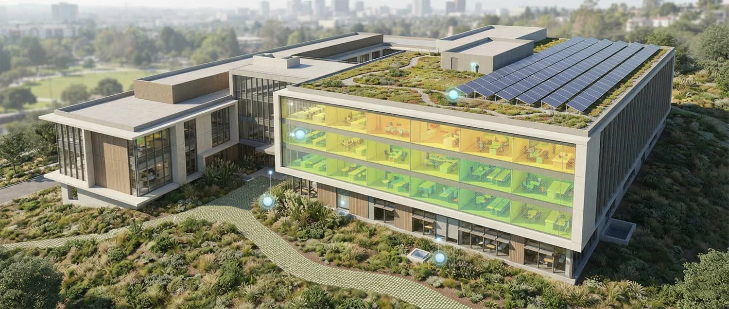 Sustainable design renderings showing a green roof