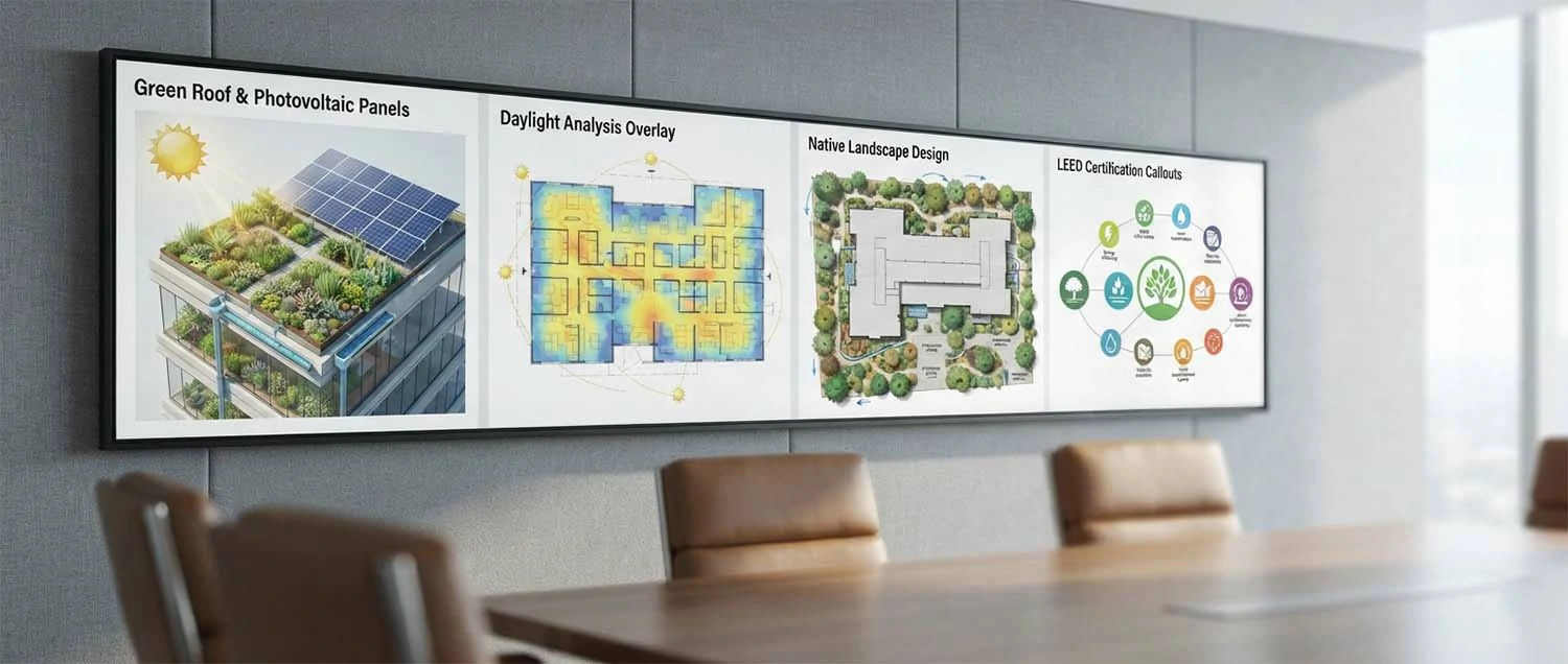 Sustainable design renderings showing green roof
