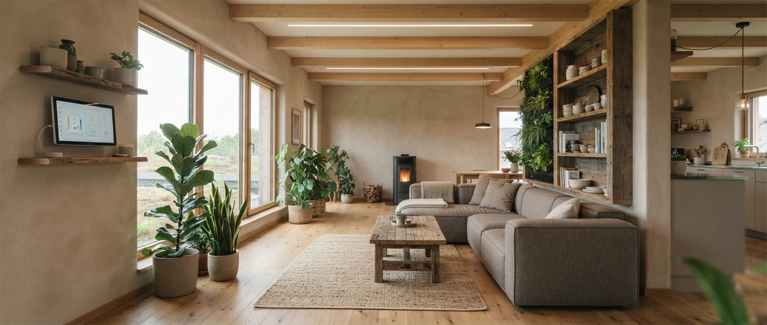 Sustainable interior design showing eco-friendly materials and energy efficiency