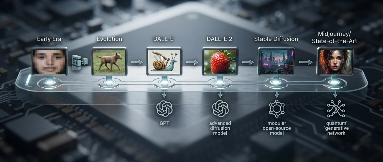 Timeline infographic showing the evolution of AI photo generation from early GAN outputs through DALL-E