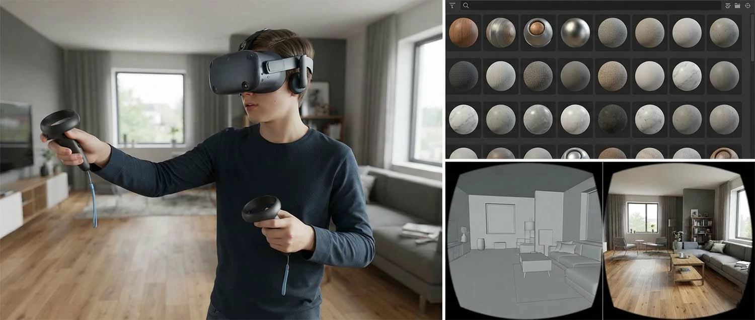 VR experience showing a user wearing a headset exploring a home interior