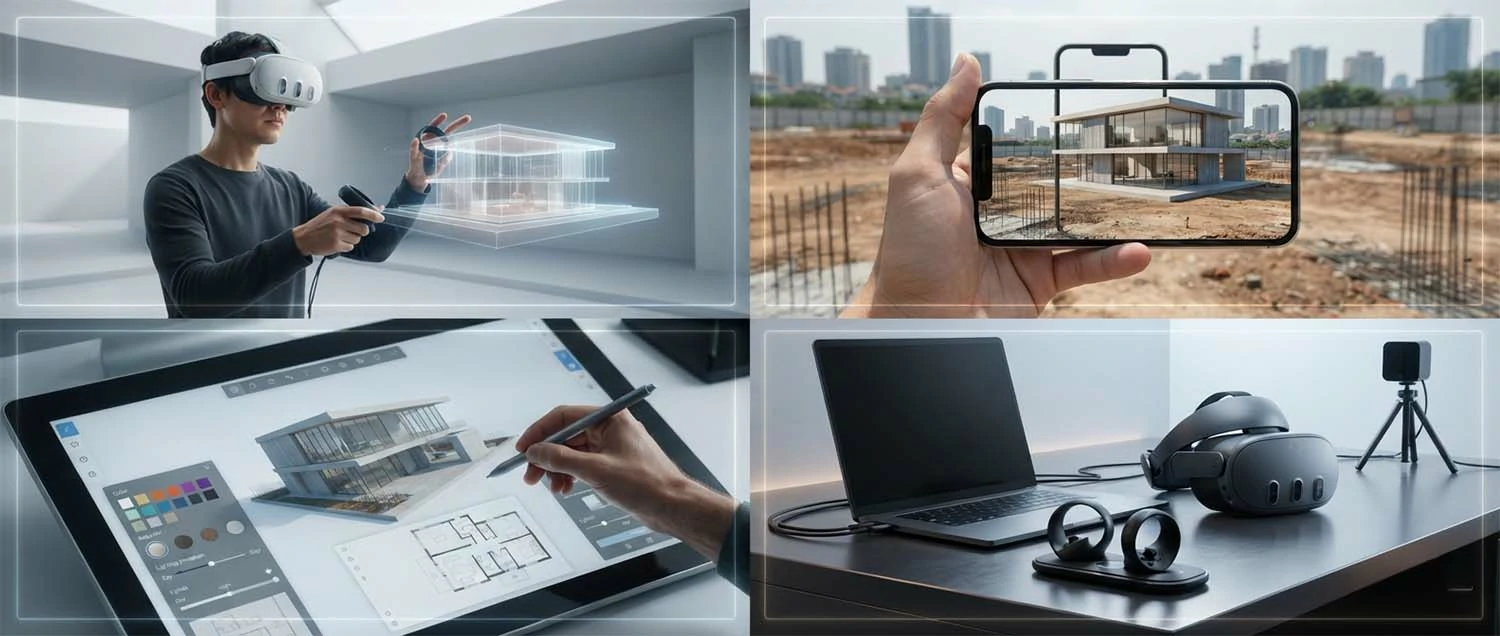VR headset user experiencing architectural walkthrough