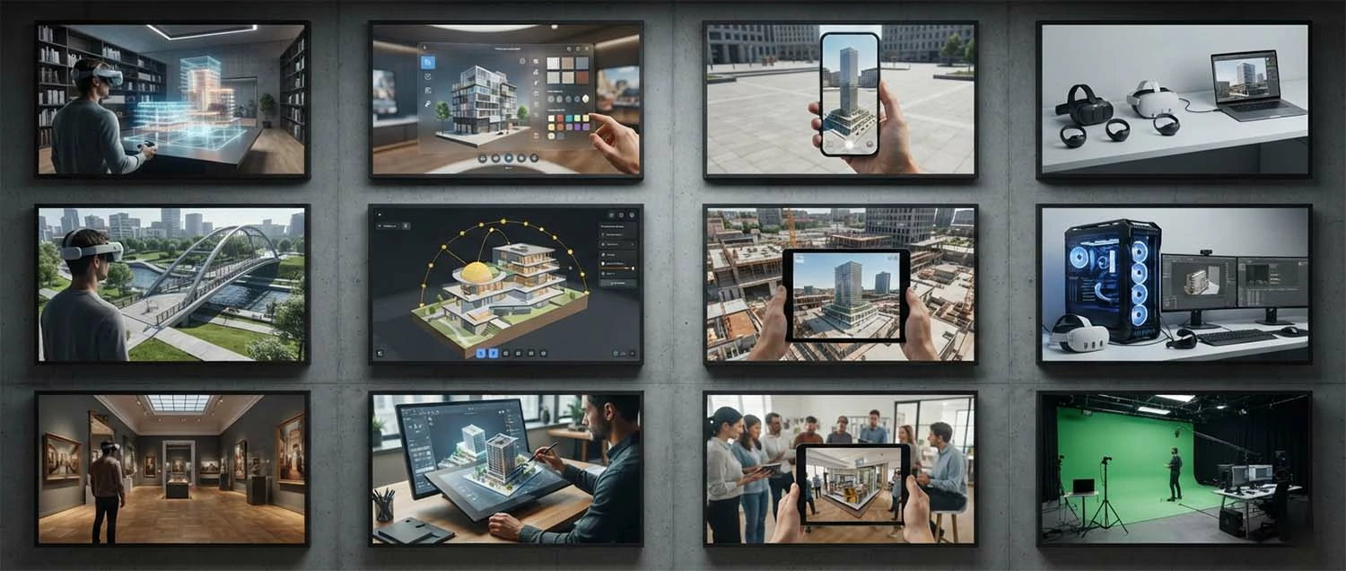 VR headset user exploring architectural walkthrough
