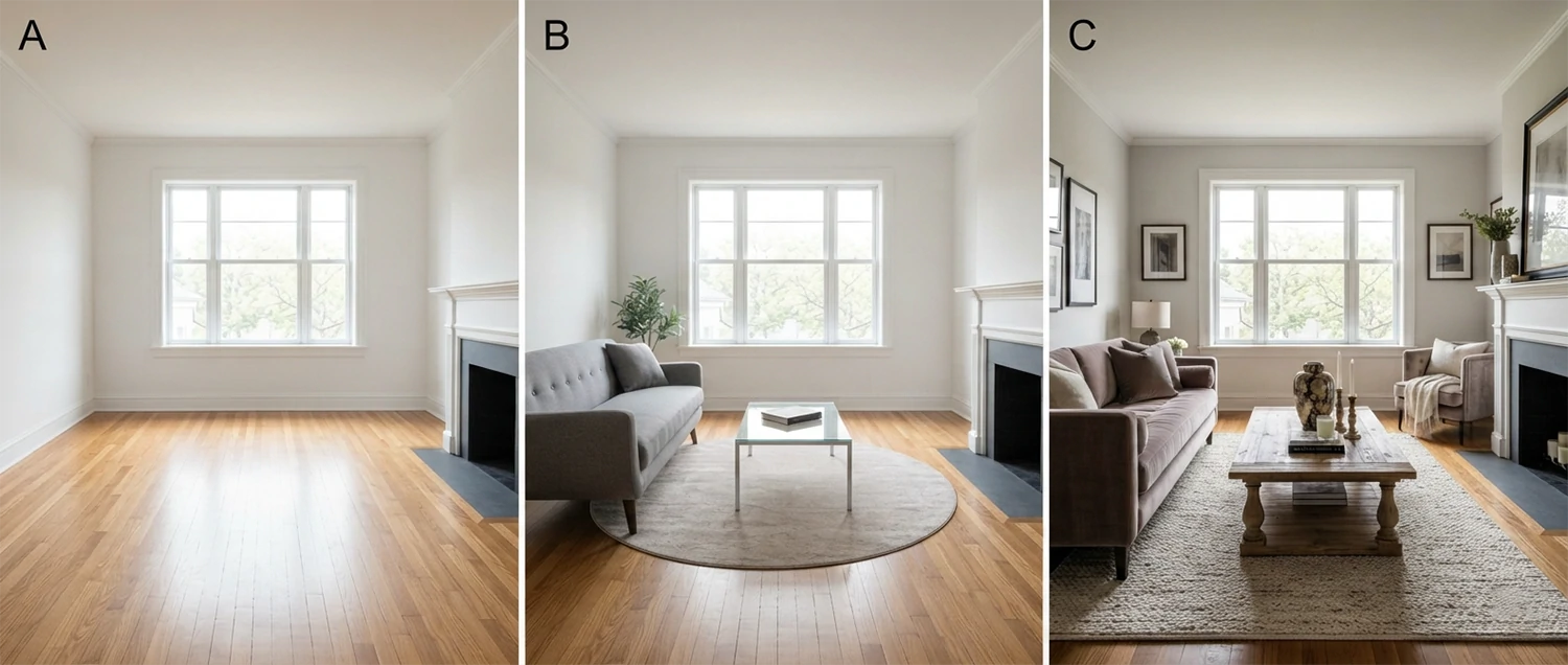 Virtual staging comparison showing empty room, AI staged, and professionally staged