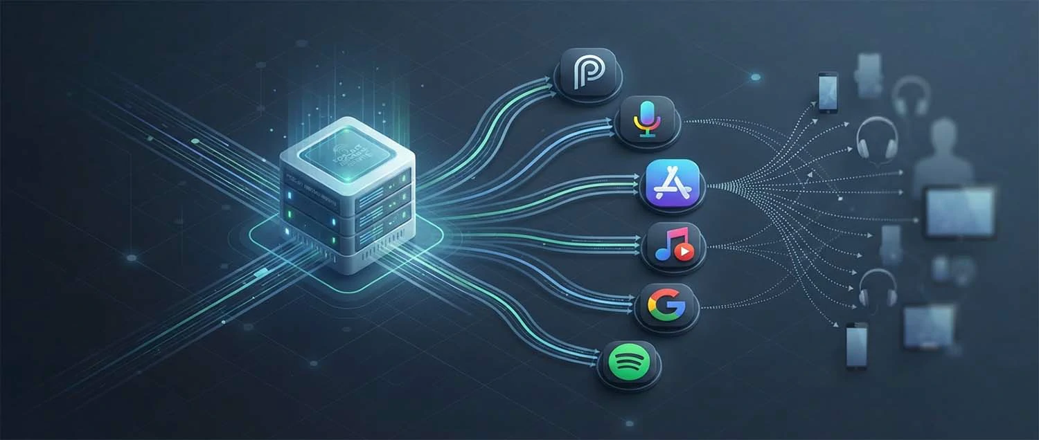 Visual representation of how podcast hosting connects to various directories and listeners