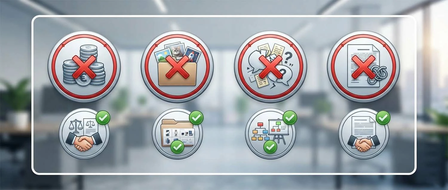 Warning icon infographic showing common mistakes price-based selection