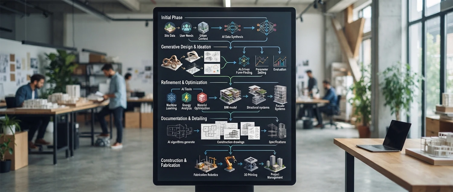 Workflow diagram showing how AI tools integrate into architectural design process