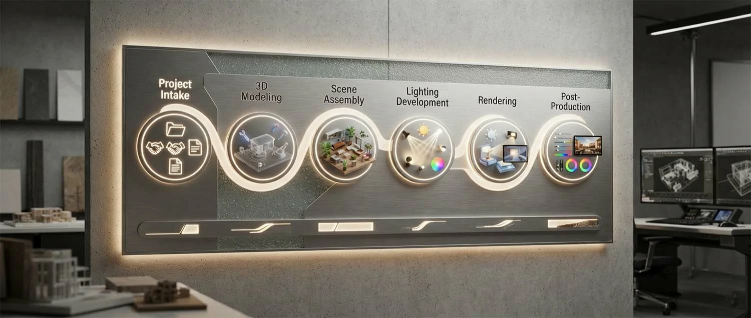 Workflow diagram showing project intake, 3D modeling, scene assembly
