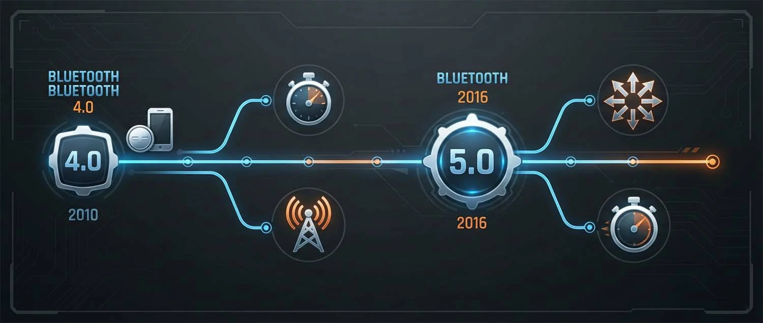 A Bluetooth evolution timeline showing Bluetooth 4 introduced in 2010 and Bluetooth 5 in 2016