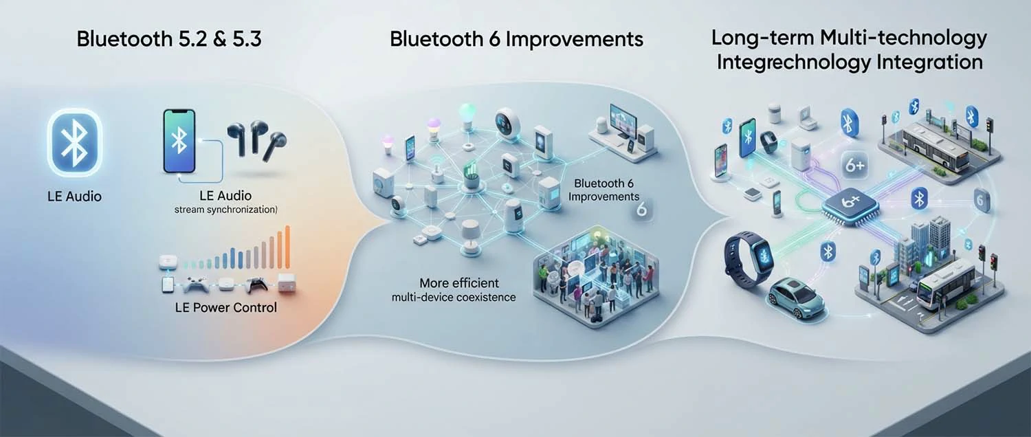 A Bluetooth future roadmap showing Bluetooth 5.2 and 5.3 features like LE Audio