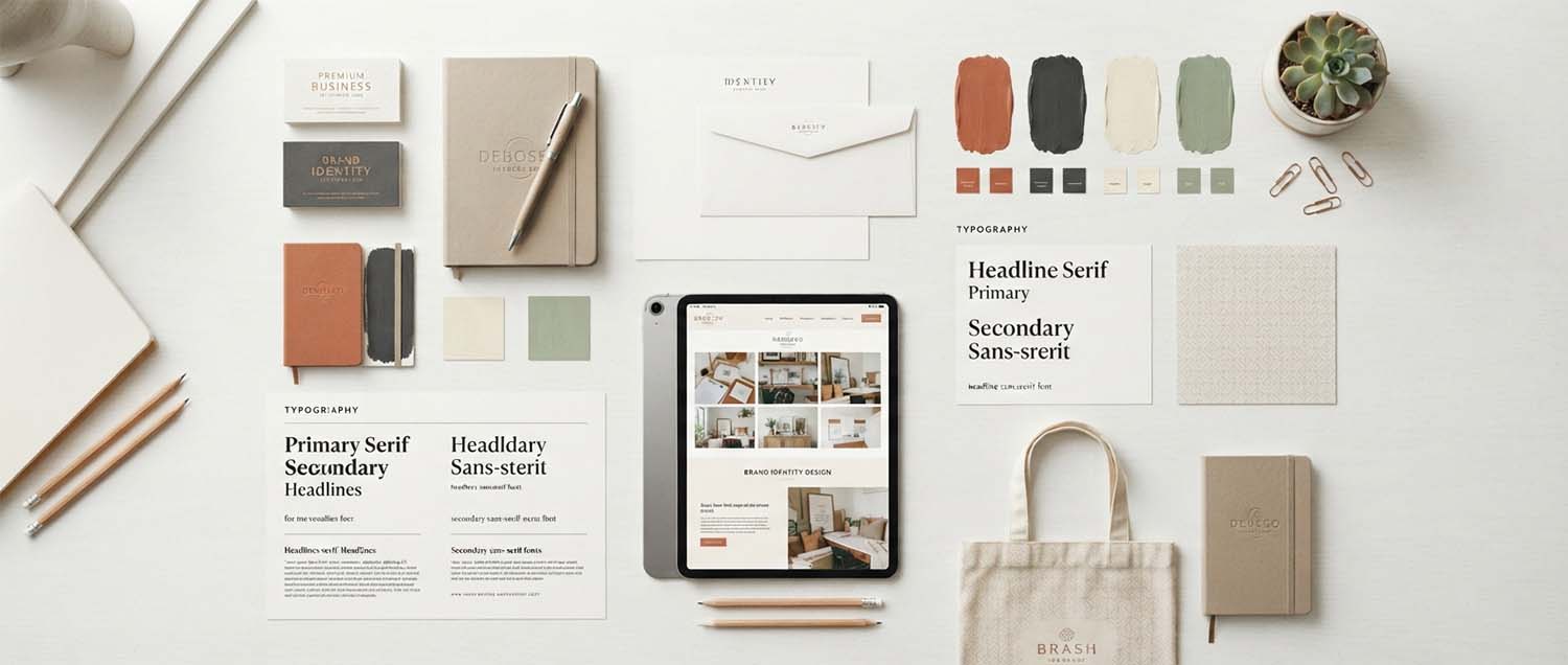 A beautifully arranged brand identity system spread across a bright white surface