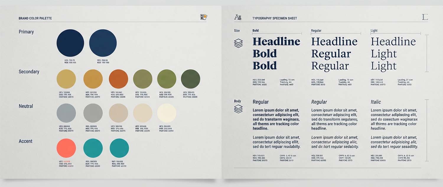 A brand color palette display showing primary, secondary, neutral