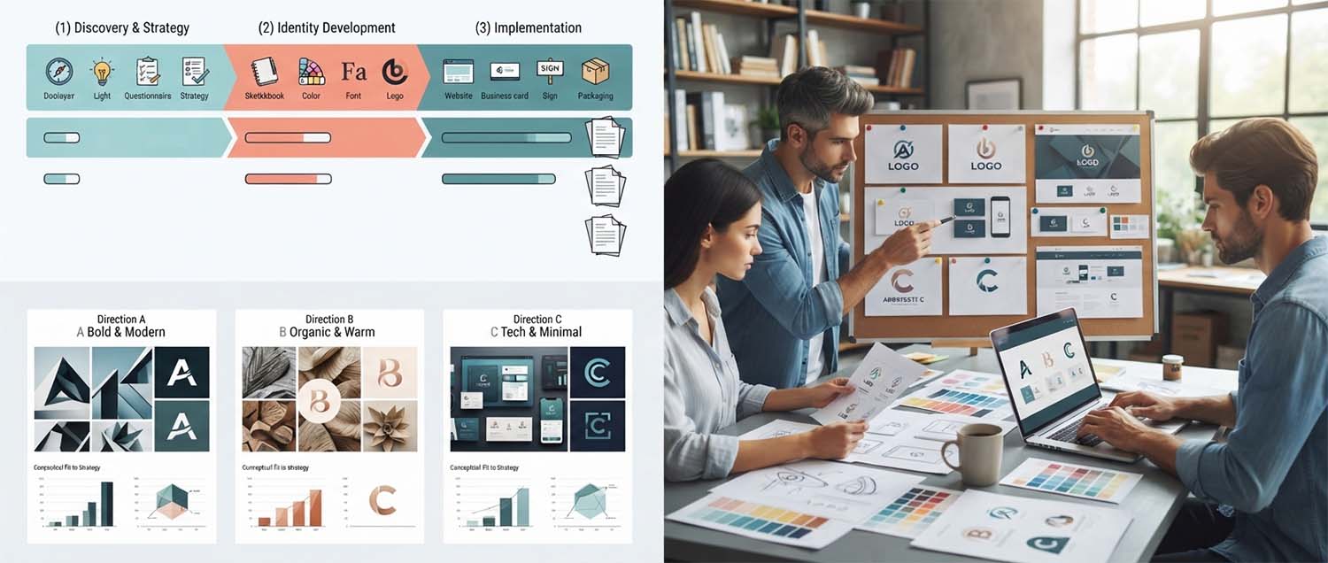 A brand identity process timeline showing the three phases of discovery