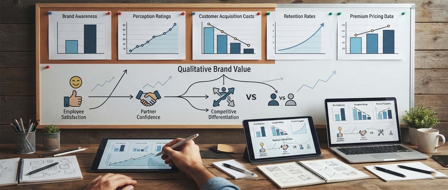 A brand measurement dashboard showing key performance indicators including brand awareness scores