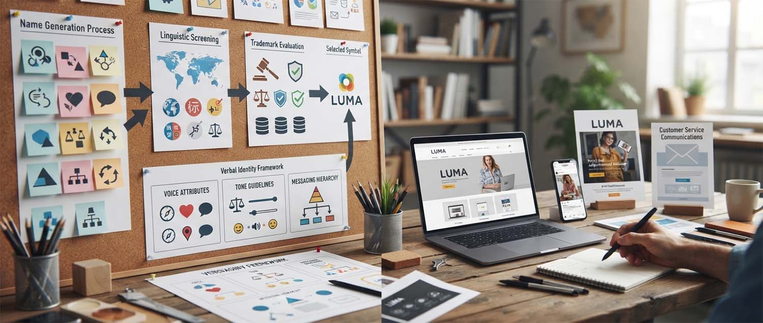 A brand naming process visualization showing the journey from name