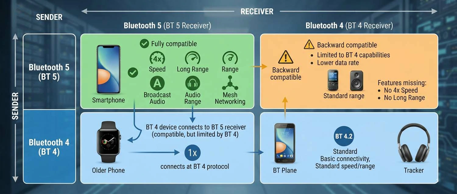 A compatibility matrix showing Bluetooth 5 devices connecting to Bluetooth 4 devices