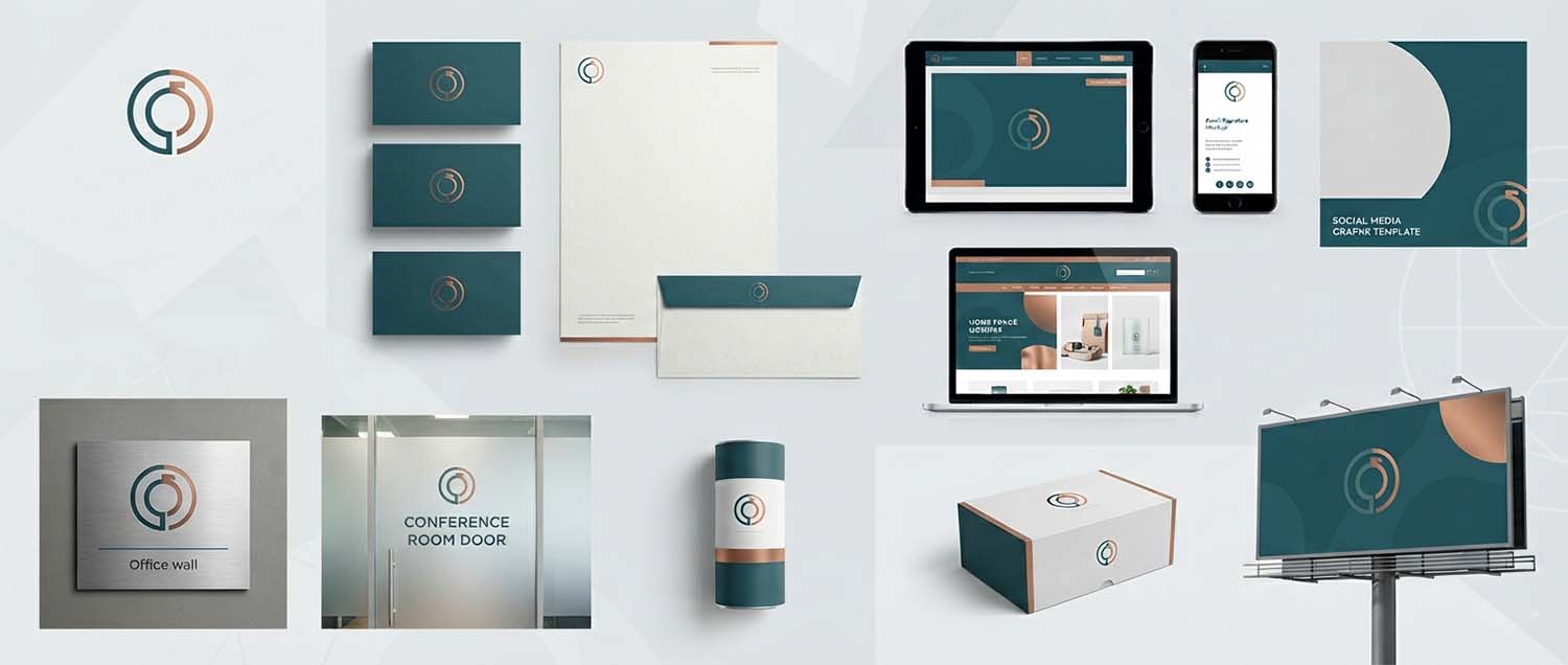 A comprehensive brand application showcase featuring premium business cards