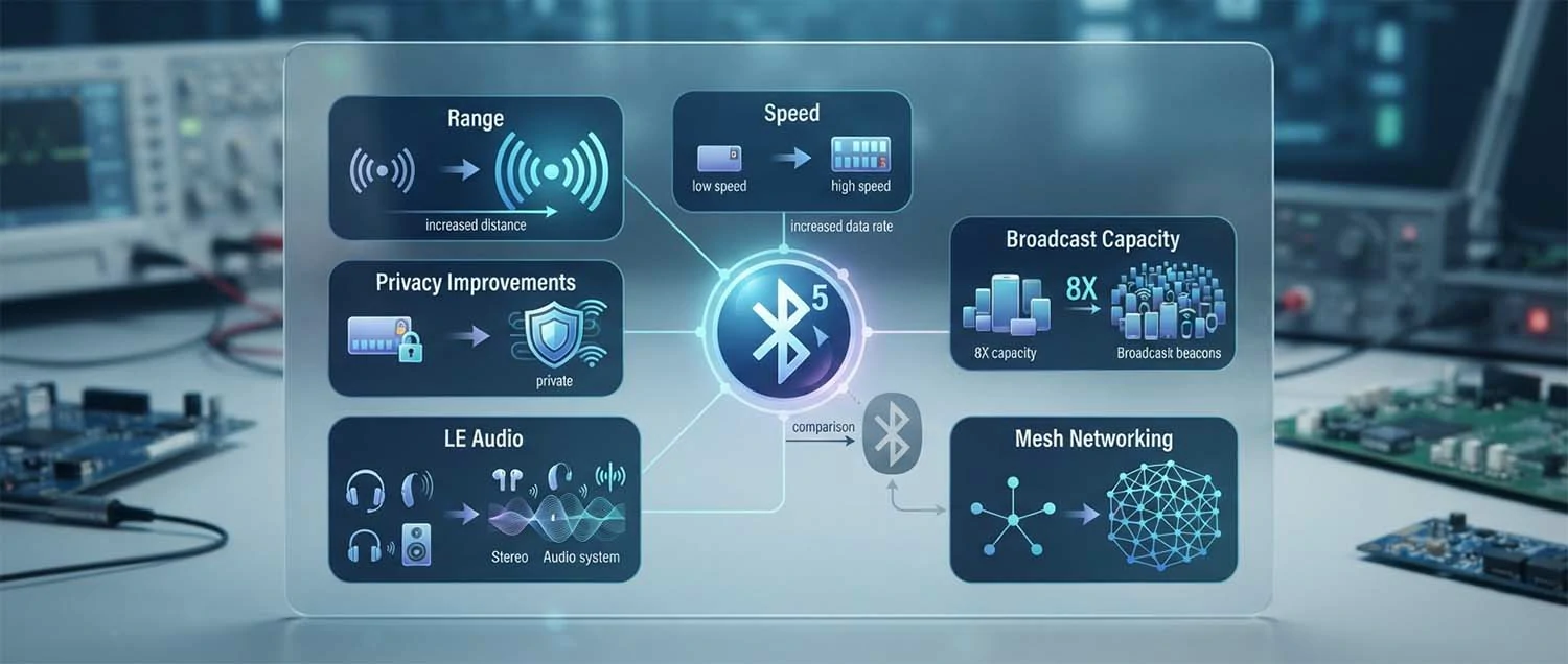 A conclusion illustration summarizing the key advantages of Bluetooth 5