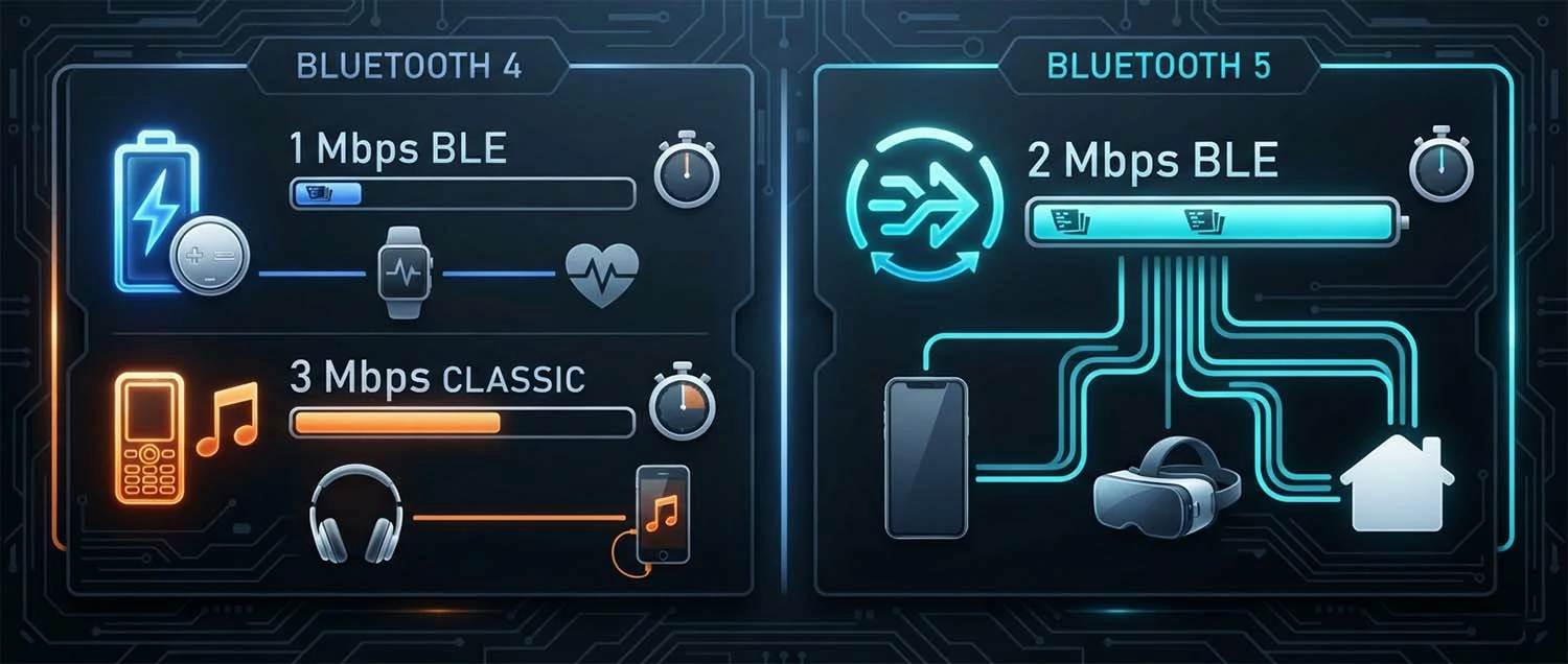 A data speed comparison chart showing Bluetooth 4 at 1 Mbps BLE and 3 Mbps Classic