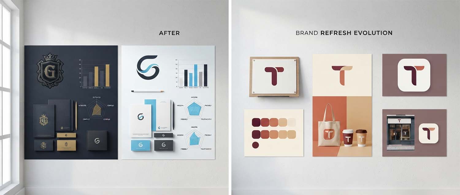 A full rebrand case study showing before and after brand identity across logo