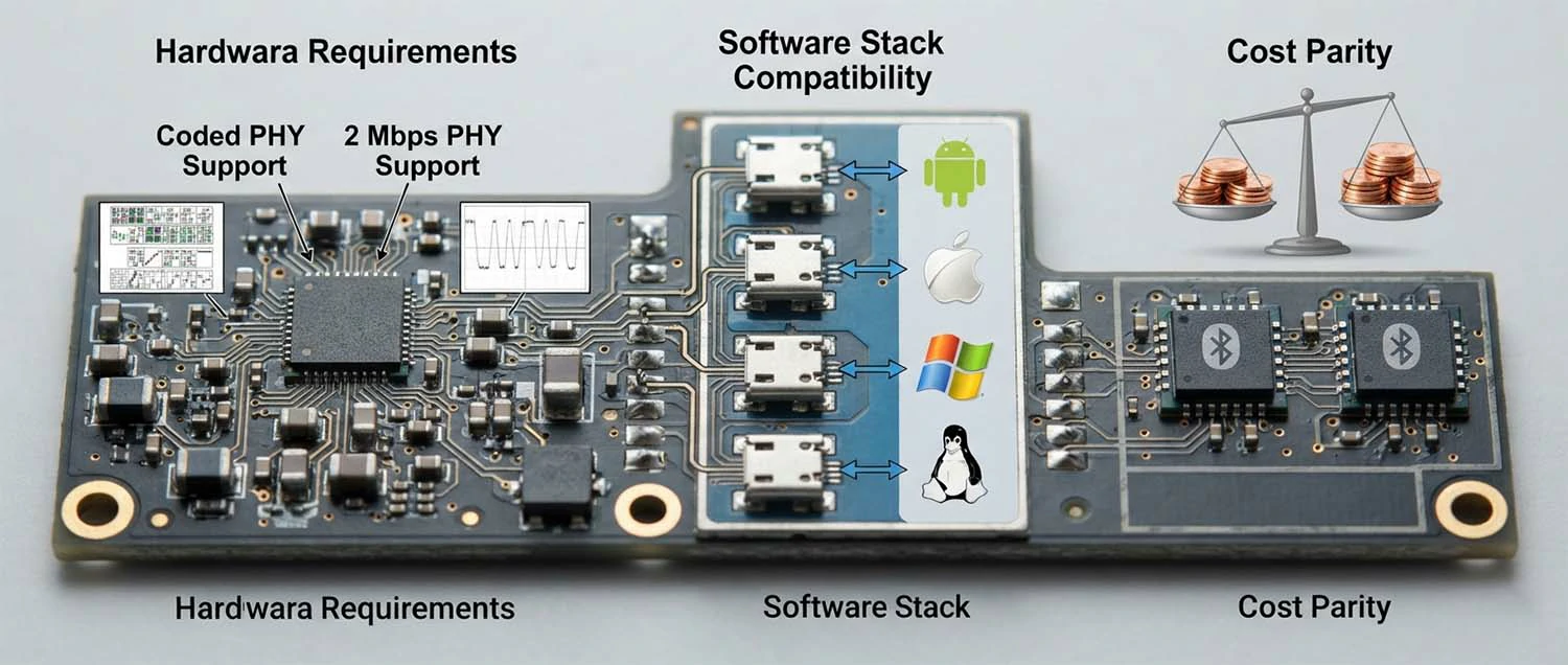 A hardware comparison showing Bluetooth 5 chipset requirements with coded and 2 Mbps PHY support