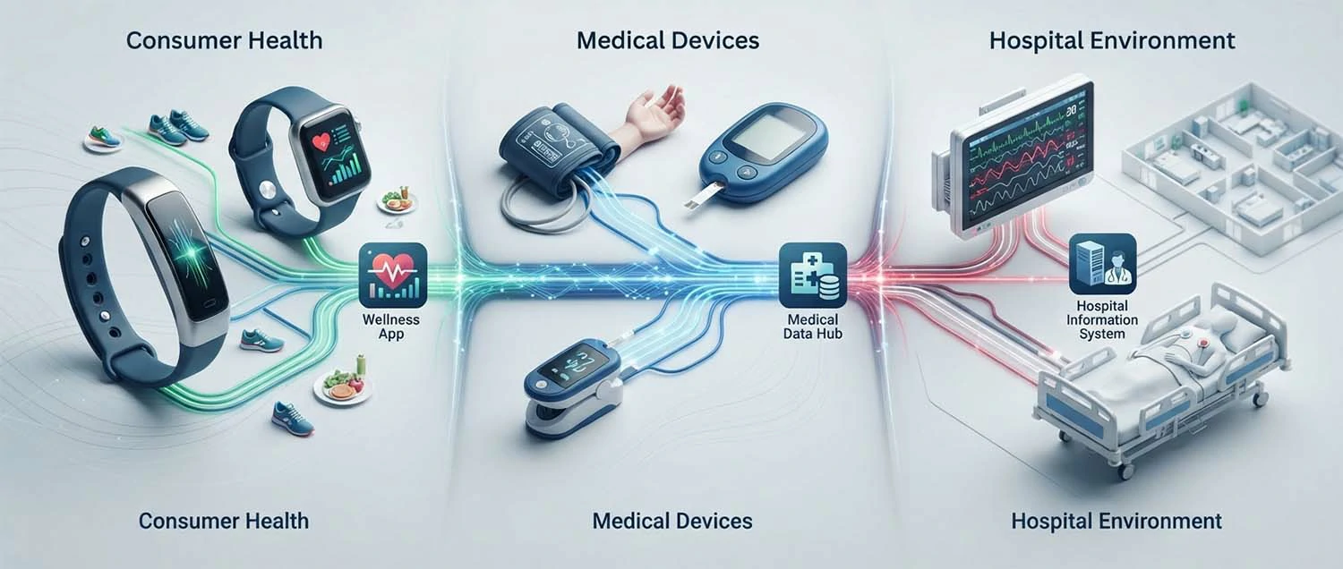 A healthcare applications diagram showing fitness trackers and smartwatches
