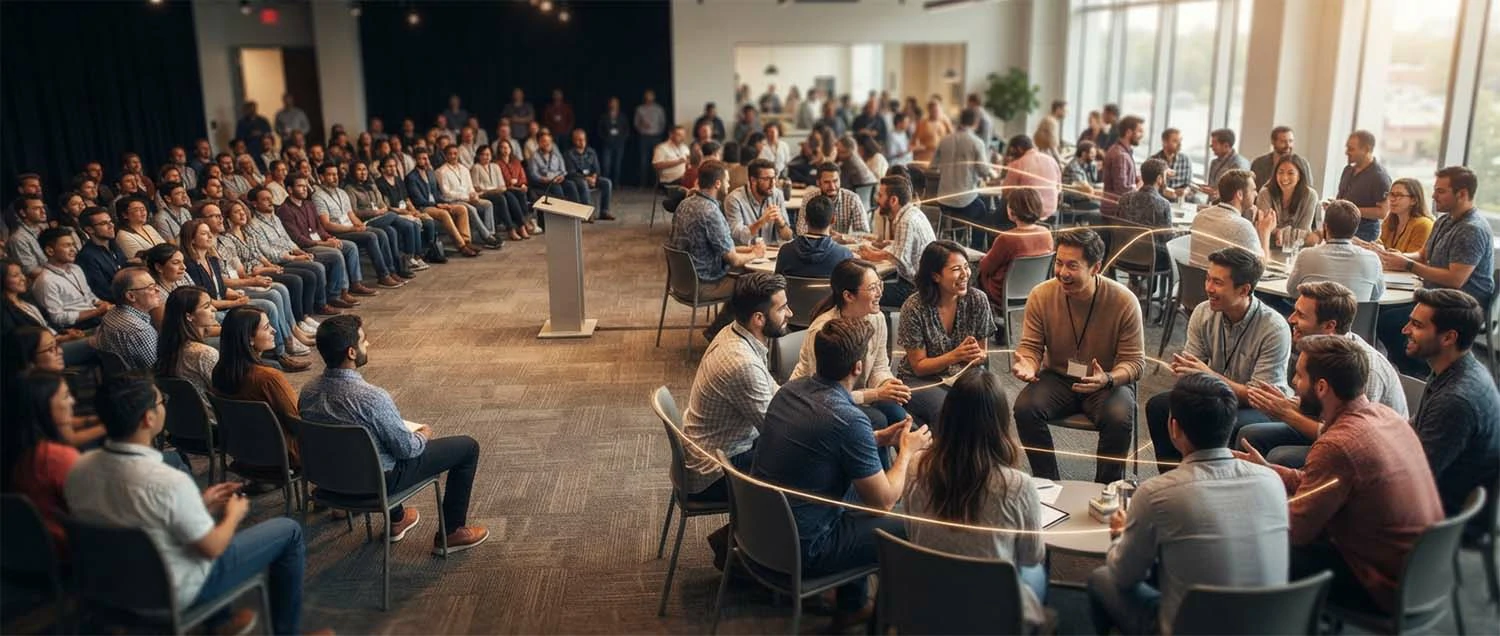 A hub-and-spoke audience beside a web of interconnected community members
