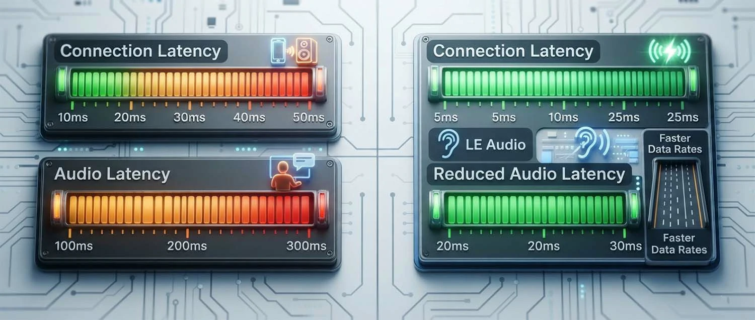 A latency comparison showing Bluetooth 4 connection latency of 10-50ms