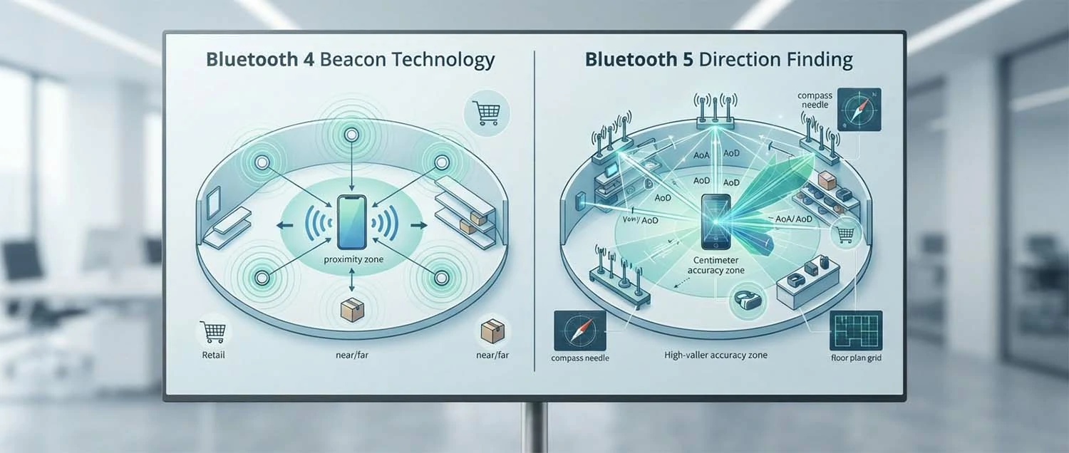 A location services diagram showing Bluetooth 4 beacon technology with basic proximity