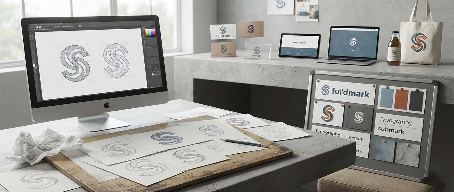 A logo design process showcase featuring initial pencil sketches spread across a creative workspace
