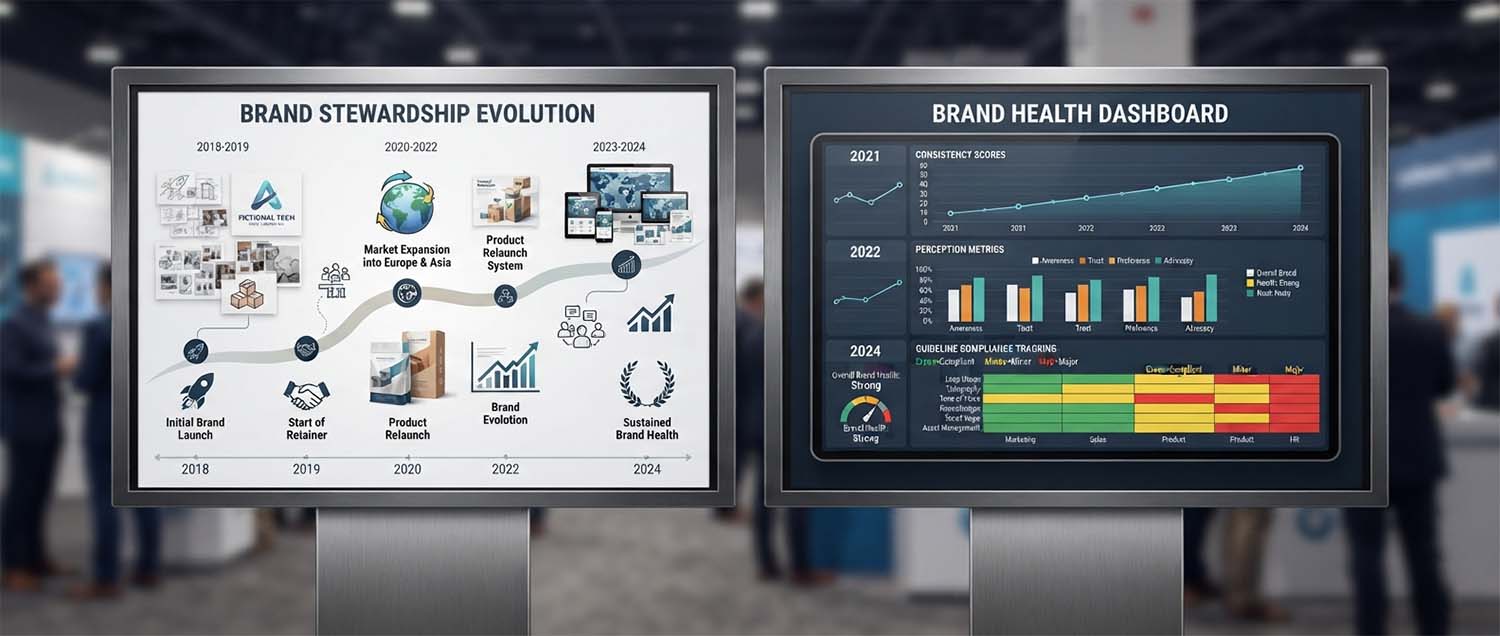 A long-term brand stewardship timeline showing the evolution from initial brand identity