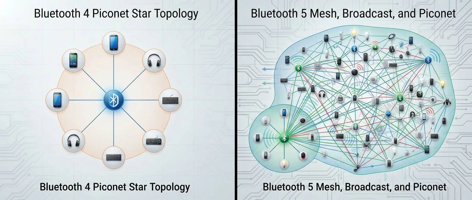 A network topology diagram comparing Bluetooth 4 piconet star topology with limited connections