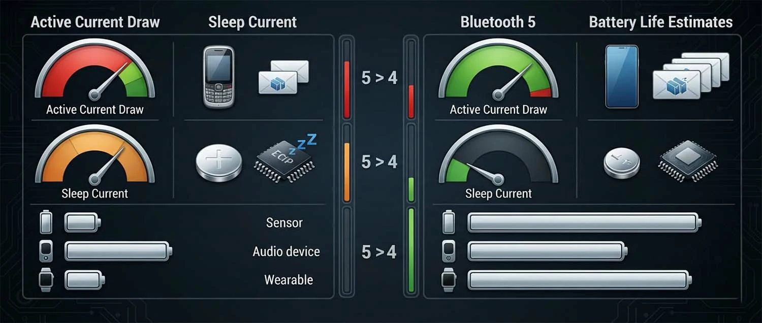 A power consumption comparison showing Bluetooth 4 and 5 active current draw