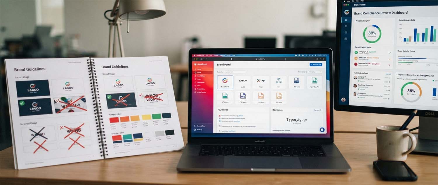 A printed brand guidelines document open to logo usage and color
