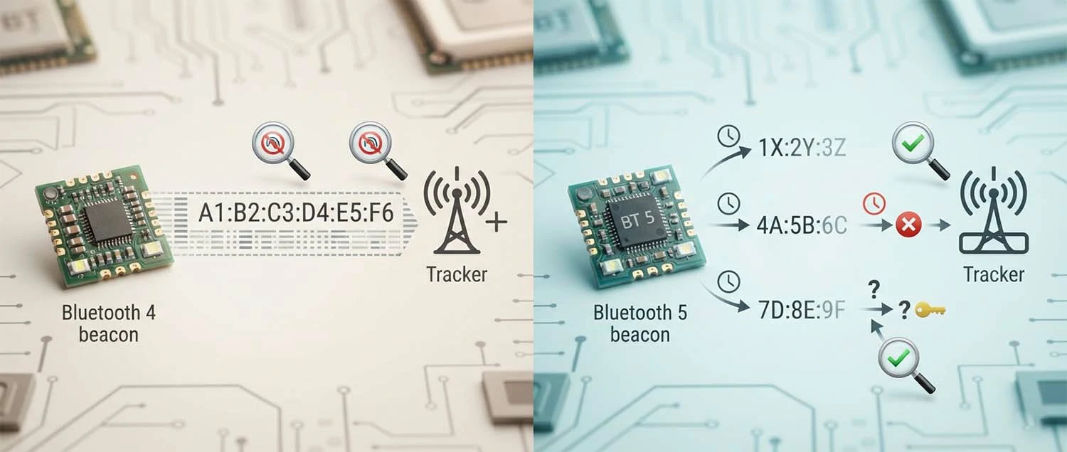 A privacy comparison showing Bluetooth 4 with static addresses that enable tracking versus Bluetooth 5