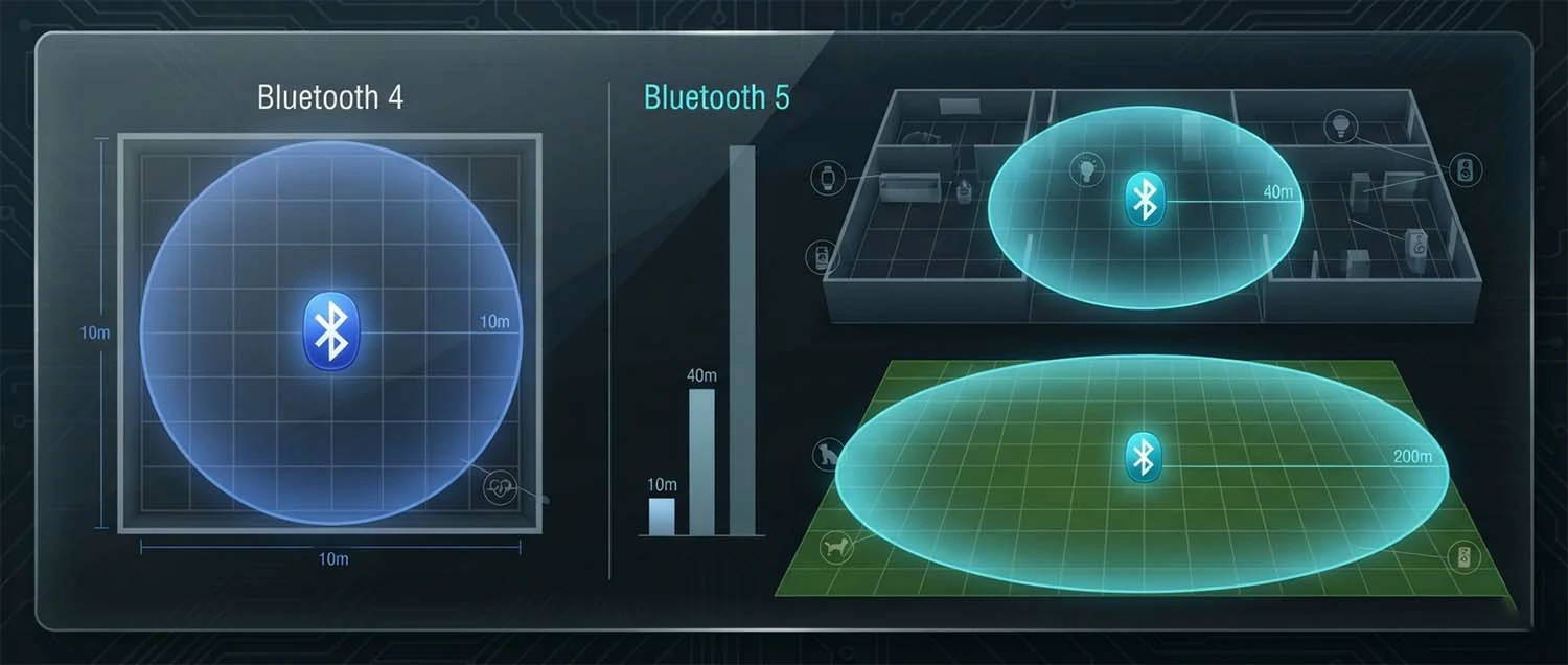 A range comparison diagram showing Bluetooth 4 covering approximately 10 meters